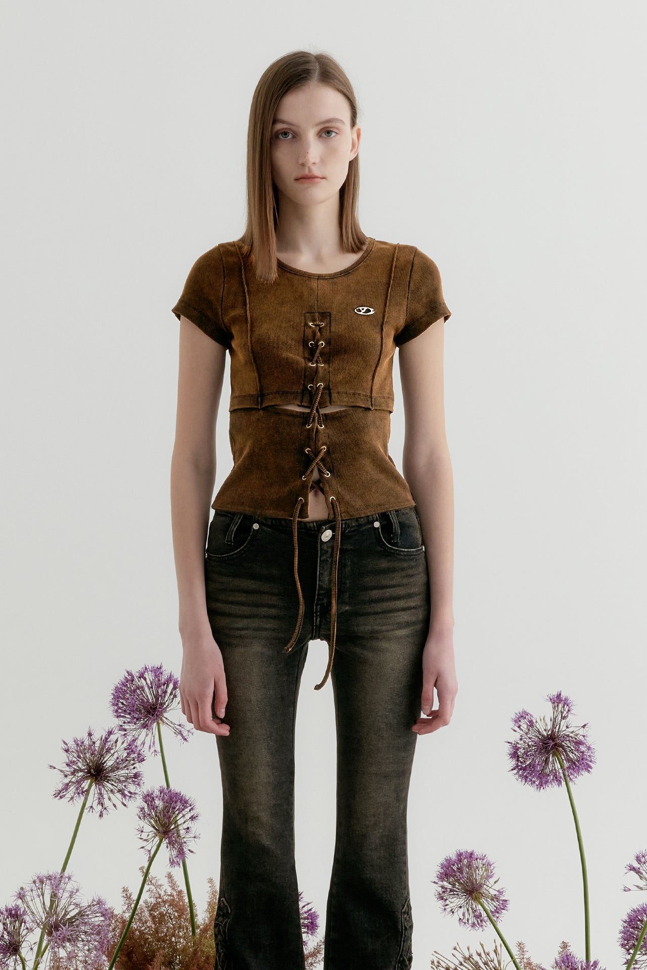 Yuse Cut Out Lace-Up Washing Half Sleeve Top [Brown]