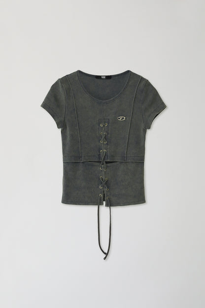 Yuse Cut Out Lace-Up Washing Half Sleeve Top [Faded Blue]