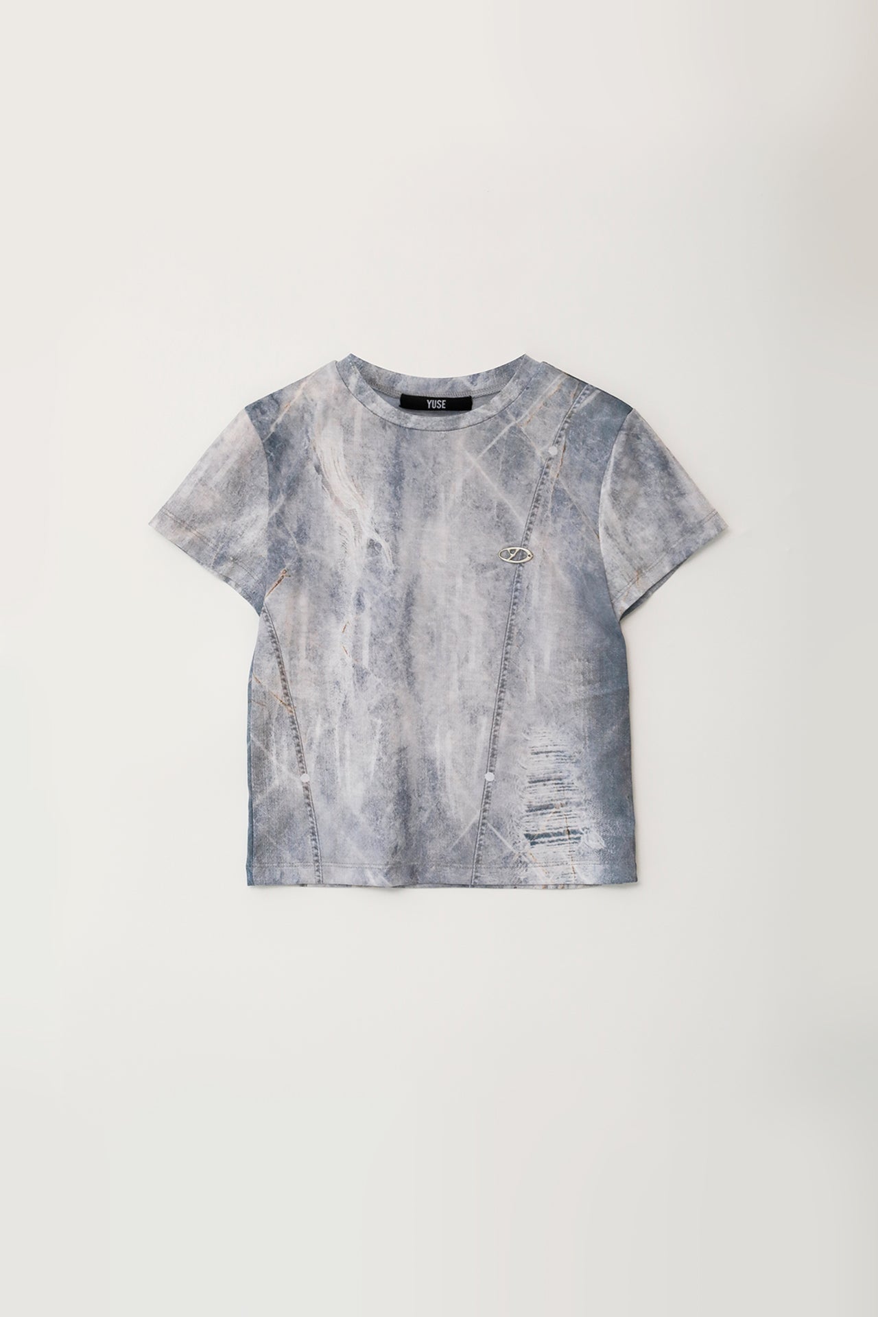 Yuse Denim Full Print Short Sleeve Round T-Shirt [Light Blue]