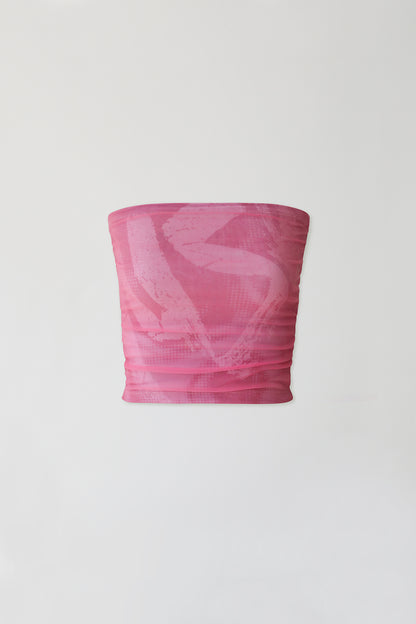 Yuse Mesh Layered Printed Shirring Tube Top [Pink]